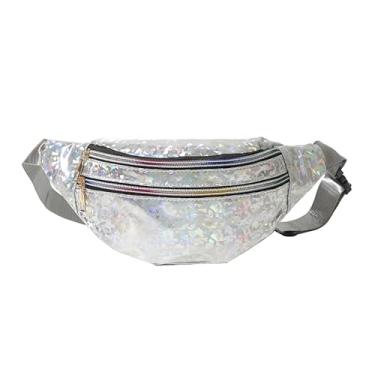 Imagem de eYLun Pochete holográfica feminina bolsa de cinto, bolsa transversal, bolsa de cintura, impermeável, mochila de cintura para corrida, viagem, Prata, Bolsa de cintura