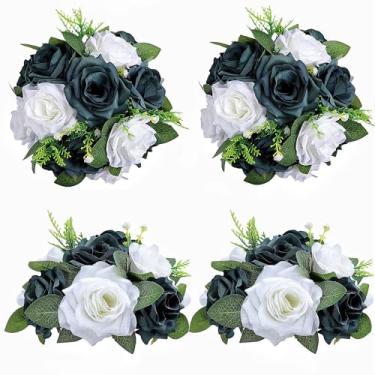 Imagem de LVEFIT 4 bolas de flores brancas verde-esmeralda rosa artificial para centro de casamento 24 cm de diâmetro arranjo buquê de flores rosas falsas peças centrais de festa para mesas de casamento