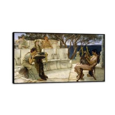 Imagem de Impressão de Sappho and Alcaeus emoldurada preta por Lawrence Alma Tadema, reprodução de pintura a óleo, impressão giclée em tela, arte de parede pronta para pendurar para decoração de quarto de casa.