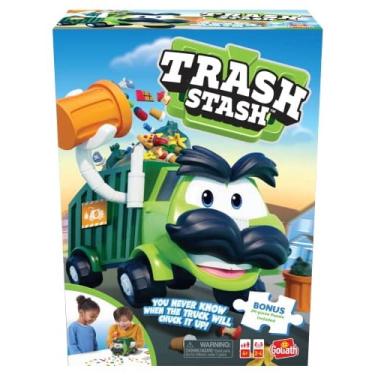 Imagem de Goliath Trash Stash Game w / 24pc Puzzle - Encher a lata de lixo, vê-lo despejar no caminhão de lixo ou caminhão Chucks It Up - Inclui quebra-cabeça d
