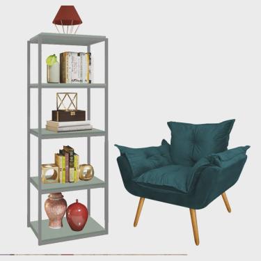 Imagem de Kit Poltrona Fatte com Estante Livreiro Ferro Prata mdf Verde Oliva Suede Azul Turquesa - Ahazzo Móveis