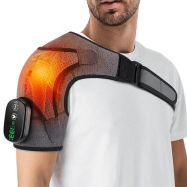 Imagem de Suporte de ombro aquecido sem fio com vibração, 3 configurações de calor e massagem, almofada de aquecimento de ombro para alívio da dor, aquecedor de ombro ajustável para homens e mulheres (cinza)