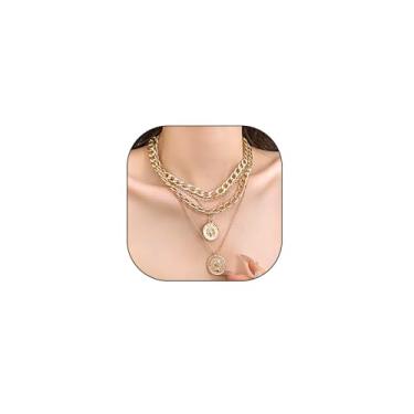 Imagem de Rrdaily Conjunto de colar feminino com pingente de moeda em camadas douradas, corrente cubana grossa punk moderna, colar gargantilha empilhável, joias exclusivas para festas de aniversário e presentes