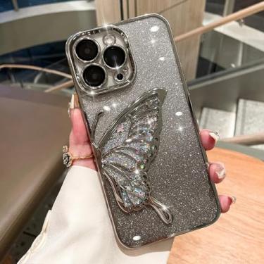 Imagem de MVVKKY Para iPhone 16 Pro Quicksand Butterfly Case Luxo Menina Glitter Plating Soft Cover (Para iPhone 16 Pro/Silver SF)