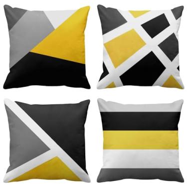 Imagem de Emvency Conjunto de 4 capas de almofada amarelas listras abstratas simples geométricas acrílicas ousadas modernas decorativas fronhas quadradas 61 x 61 cm