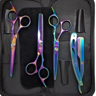 Imagem de Kit Barbeiro Aço Inox Cabeleireiro Tesouras Navalha Pentes Barbearia Corte Masculino Profissional Barbeiro Cabeleireiro Pet (Tesoura Boreal) (Furta Cor)