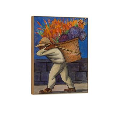 Imagem de MUHJDYC Diego Rivera famosa imagem em tela - impressões de arte de parede - porta-flores andando - pintura de arte de moldura de madeira para sala de estar quarto decoração de casa 50 x 70 cm - 19 x