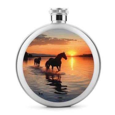 Imagem de Cantil de aço inoxidável, pôr do sol, lago, cavalos, impressão, cantil clássico, cantil, cantil, viagem, portátil, licor