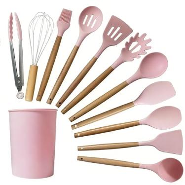 Imagem de Utensílios de cozinha Colher Espátula de silicone Cabo de madeira Decoração livre(31.5CM-Rosa)