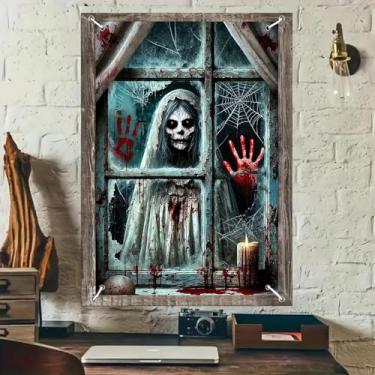 Imagem de BlissYard Capa de janela de Halloween fantasma assustador noiva rosto de caveira olhos vermelhos mãos sangrentas bandeira de casamento assombrada cena de terror gótico aterrorizante 79 x 129