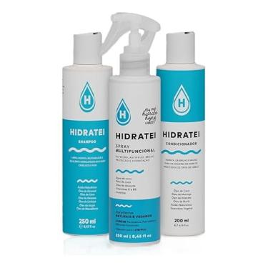 Imagem de Kit COMBO Hidratei – Shampoo, Condicionador e Spray Multifuncional Leave‑in, Hidratação Profunda, Anti‑Frizz, Proteção Térmica, Brilho e Nutrição, Vegan & Livre de Parabenos (3 PRODUTOS)