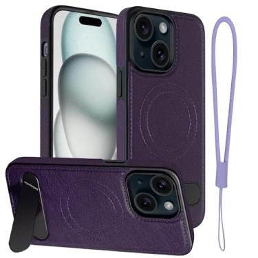 Imagem de Moment Dextrad Capa de couro magnética para iPhone 15, suporte embutido, compatível com MagSafe, alça de silicone, proteção interna de TPU, capa de telefone fina à prova de choque para iPhone 15 (roxa