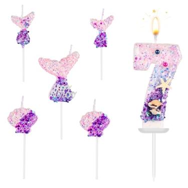 Imagem de Velas com número de sereia, 6 peças, topo de bolo de sereia, concha, lantejoulas, velas numerais, rosa, roxo, centro de mesa para decoração de festa de aniversário e casamento (número 7)