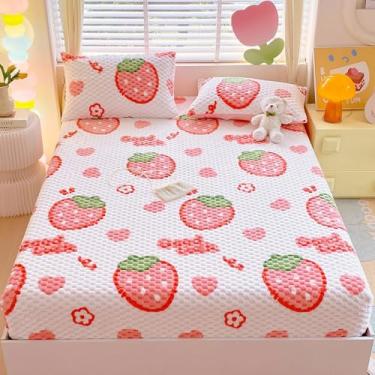 Imagem de ZIQINPSQ Lençol de lã aconchegante casal, ultramacio e felpudo para o inverno, lençol de baixo de veludo de 38 cm (antiestático e quente), morangos