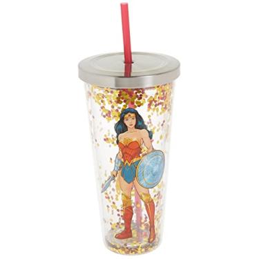 Imagem de Spoontiques - Copo de acrílico preenchido com glitter – Copo com glitter com canudo – 590 ml – Tampa de bloqueio de aço inoxidável com canudo – Parede dupla isolada – Livre de BPA – Mulher Maravilha – Multicolorido