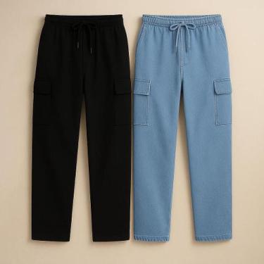Imagem de Kit 2 Calça Cargo Larga Sarja Unissex com 5 Bolsos Corte Reto Diversas