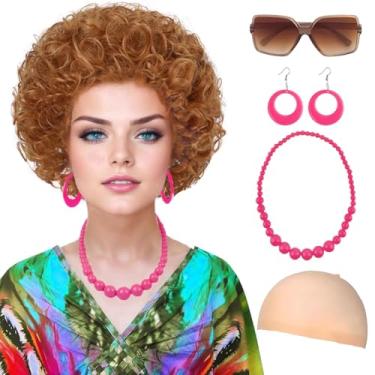 Imagem de Guree Hair Peruca Ruiva Laranja Cacheada Para Fantasia De Dona Casa, Corda + Óculos Discoteca Joias Touca Cosplay, Festa Halloween