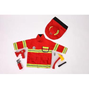 Imagem de Kit Bombeiro Infantil com Acessórios Divertidos, Uniforme Vermelho com Faixas Refletivas, Capacete e Ferramentas Educativas +3anos