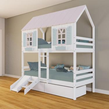 Imagem de Beliche Casinha Bela com 2 Gavetas Kit Escada/Escorregador - Madeira Maciça Branco/Rosa/Verde | Housin