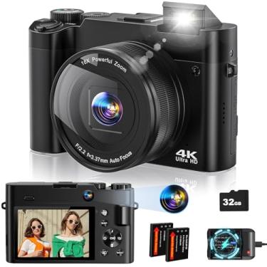 Imagem de Câmera digital 4K para foco automático de fotografia, câmera vlogging de lente dupla de 64 MP para vídeo antivibração, câmeras de viagem para selfie de 7 cm para YouTube, câmera digital com zoom de