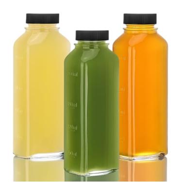 Imagem de Garrafas de suco de vidro com tampas - Conjunto de frascos de vidro transparente de 300 ml com tampas à prova de vazamento - Recipientes reutilizáveis para sucos, vitaminas, água, kombucha e muito