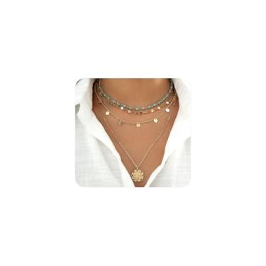 Imagem de GIGB PBDK Colar em camadas boho turquesa para mulheres com pingente de sol ocidental com contas boêmio moeda de lantejoulas gargantilha country colar alternativo joia de festa, Large, Liga de aço, Sem