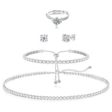 Imagem de LULII Colar de tênis, pulseira feminina, delicada, prata esterlina, gargantilha, pulseira de cristal, brincos para mulheres, joias de casamento para noivas, conjunto de acessórios, Small, Latão