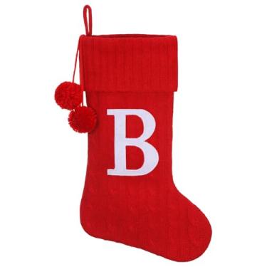 Imagem de Pxniy Meia de Natal personalizada de 48 cm - malha vermelha com monograma bordado e pompons, cabide de lareira familiar para decoração de férias, letra B vermelha