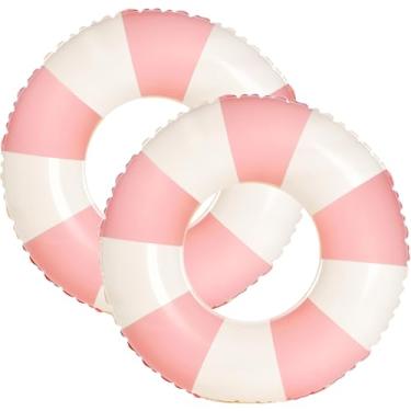 Imagem de Boias infláveis de piscina de 76 cm para adultos - pacote com 2 boias listradas, tubos de piscina, boia inflável para piscina, festa, lago praia, adultos (rosa)