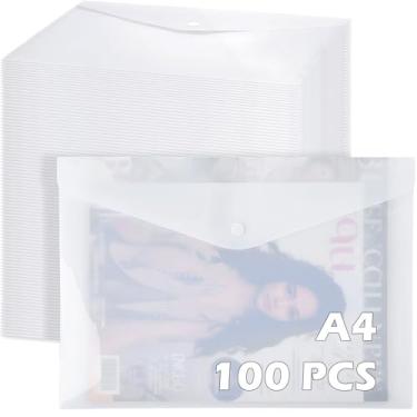 Imagem de MotiMind 100 envelopes transparentes com fecho de botão de pressão em massa tamanho carta A4 pasta envelope de plástico transparente organizador de documentos pastas de arquivos para escritório casa