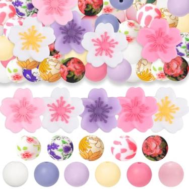 Imagem de 80 peças de contas de silicone de flor 15 mm contas redondas de silicone a granel flor de cerejeira Characte contas focais estampa floral de borracha DIY artesanato espaçador solto para canetas