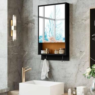 Imagem de Armário de Banheiro C/Espelho, 60cm, Gabinete Suspenso Organizador, Nicho Aberto e Ganchos Para Toalhas, Porta Cosméticos, 32cm Largura (Preto/Nature)