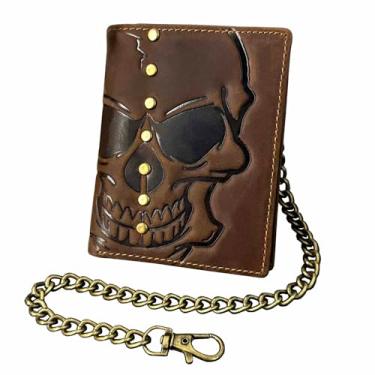 Imagem de Rivet Carteira de couro real com caveira fina para cartões para homens, porta-cartões, carteira minimalista com bolso frontal com corrente vintage