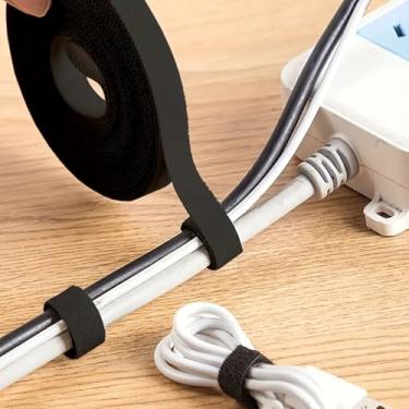 Imagem de 1 rolo extralongo com alça preta de gancho e laço de 395 cm – Fita de nylon autoadesiva rasgável – Versátil para armazenamento de cabos, amarração de plantas e organização multiuso