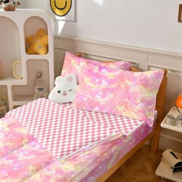 Imagem de Yadangxiawa Jogo de edredom infantil, solteiro, com zíper, estampa de nuvem rosa, lençol com elástico e fronhas para todas as estações (solteiro com nuvem)