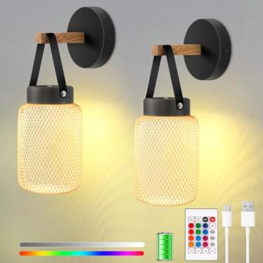 Imagem de ElilyGiA Conjunto de 2 arandelas de parede operadas por bateria, luzes de parede sem fio com controle remoto, lâmpadas de parede RGB 13 cores reguláveis de LED recarregáveis para quarto, sala de estar