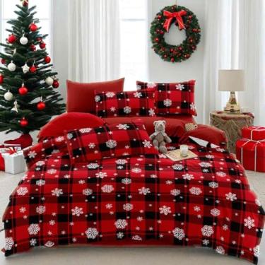 Imagem de Nanko Conjunto de edredom queen Merry Christmas, xadrez vermelho e preto, padrão de floco de neve branco, reversível, alternativo, ano novo, moderno, para mulheres e homens, 90 x 224 cm