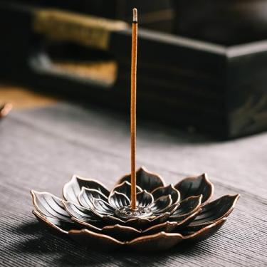 Imagem de Suporte de incenso grande de lótus de bronze com vários orifícios, bandeja de queimador de incenso de metal para cones de palito, placa de aromaterapia vintage para decoração de meditação, ioga