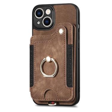 Imagem de Capa de telefone com suporte de anel para iPhone 13 12 Mini 15 14 11 Pro XS Max XR X 8 Plus Carteira magnética com compartimento para cartão e capa de couro flip, marrom, para iPhone 7Plus (8Plus)