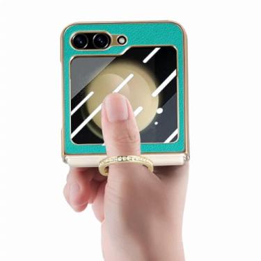 Imagem de Capa de couro com suporte de anel Bling para Samsung Galaxy Z Flip 5 Flip5 Flip4 Flip 4 5G Melhor capa de filme de vidro de proteção, verde, para Samsung Z Flip 4