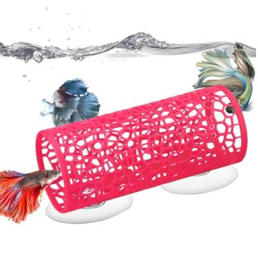 Imagem de huoflame Brinquedos de peixe Betta, rede de túnel, decoração segura de aquário para camarão de peixe pequeno, acessórios de tanque com ventosas perfeitos para esconderijo e área de lazer (rosa)