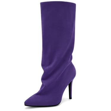 Imagem de Perisis Botas femininas despojadas cano médio pretas longas de puxar salto agulha bico fino botas de tubarão para mulheres sexy moda, Camurça-roxo-camurça, 38