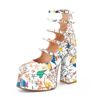 Imagem de Perisis Botas femininas plataforma Mary Janes salto alto bloco grosso cano curto bico fechado botas botas gótico lolita sapatos, Graffiti branco, 34