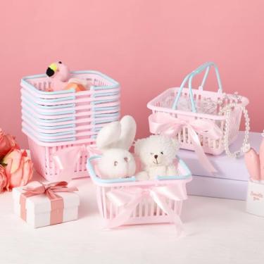 Imagem de Geelin 12 cestas de compras pequenas, mini cestas de plástico com alças e fita de laço rosa, organizador de cosméticos, cesta empilhável fofa para casa de bonecas, frutas, legumes, ovos e lanches