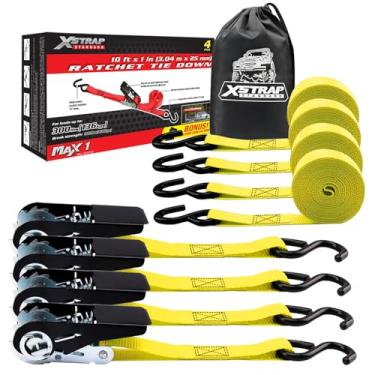 Imagem de XSTRAP STANDARD Alças de amarração de catraca - 4 pacotes - 10 pés - tampa de carga de 136 kg - 408 kg de resistência à ruptura - correias de carga para aparelhos móveis, equipamentos de gramado, motocicleta (Amarelo)