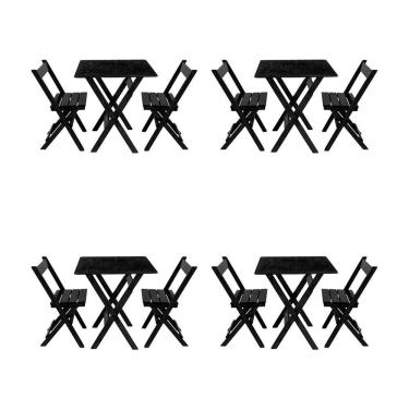 Imagem de Kit 4 Conjuntos Mesa Dobrável Para Bar E Restaurante 60x60cm Com 2 Cadeiras Em Madeira Maciça - Pret - Preto