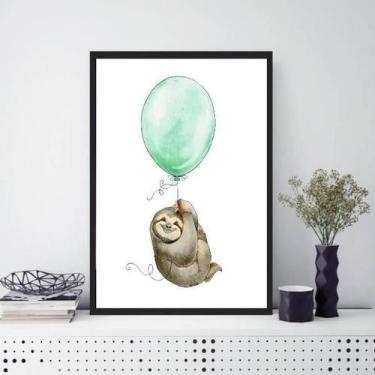 Imagem de Quadro Infantil Bicho Preguiça Com Balão 45X34 Moldura Preta - Quadros