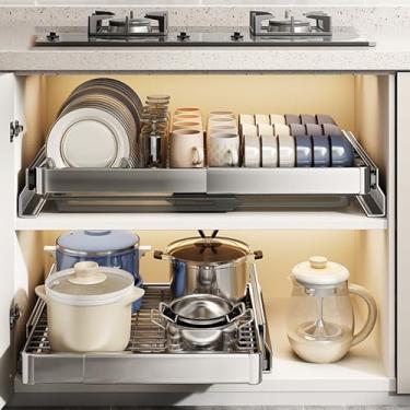 Imagem de Organizador de gaveta de armário expansível, prateleiras de armazenamento deslizantes, gavetas deslizantes para armários de cozinha, despensa, armazenamento de quarto, B-Prata 60-96x30x51-92 cm