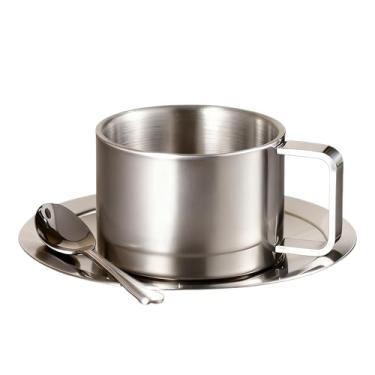 Imagem de Canecas de aço inoxidável, 200 ml, à prova de derramamento, parede dupla de aço inoxidável com colher - Xícaras de café com pires - para jardim ao ar livre, parque, quintal, varanda, golfe, piquenique