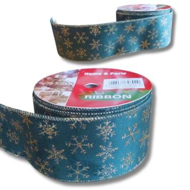 Imagem de Fita Decorativa Natalina Verde Esmeralda com Detalhes Dourados, 6,3cm x 9,14m, para Árvore de Natal, Pinheirinho Decorações Natalinas e Festas de Final de Ano